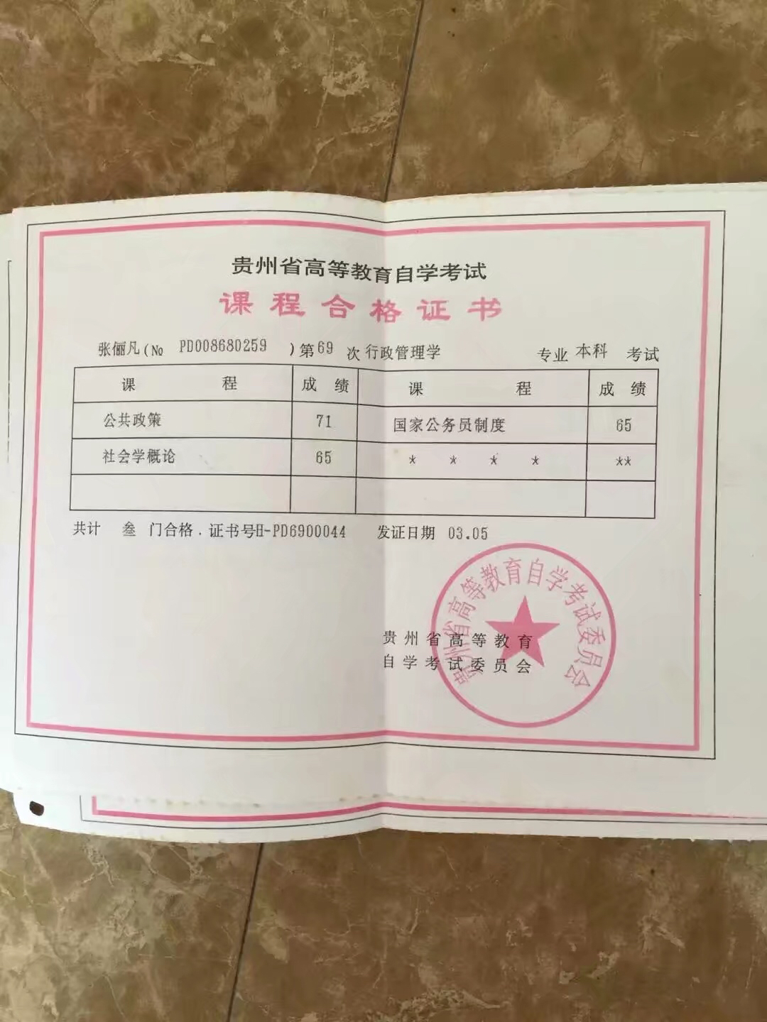 贵州自学考试课程合格证书样板