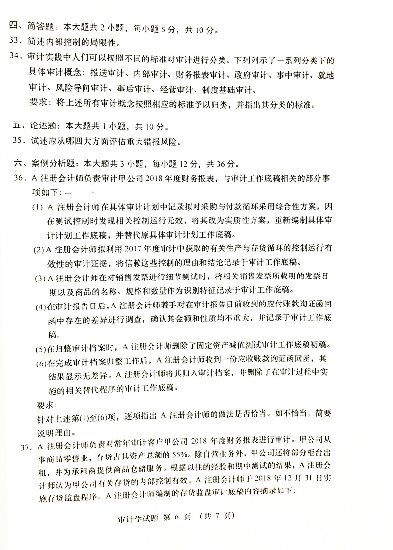 2019年04月贵州自考00160审计真题及答案