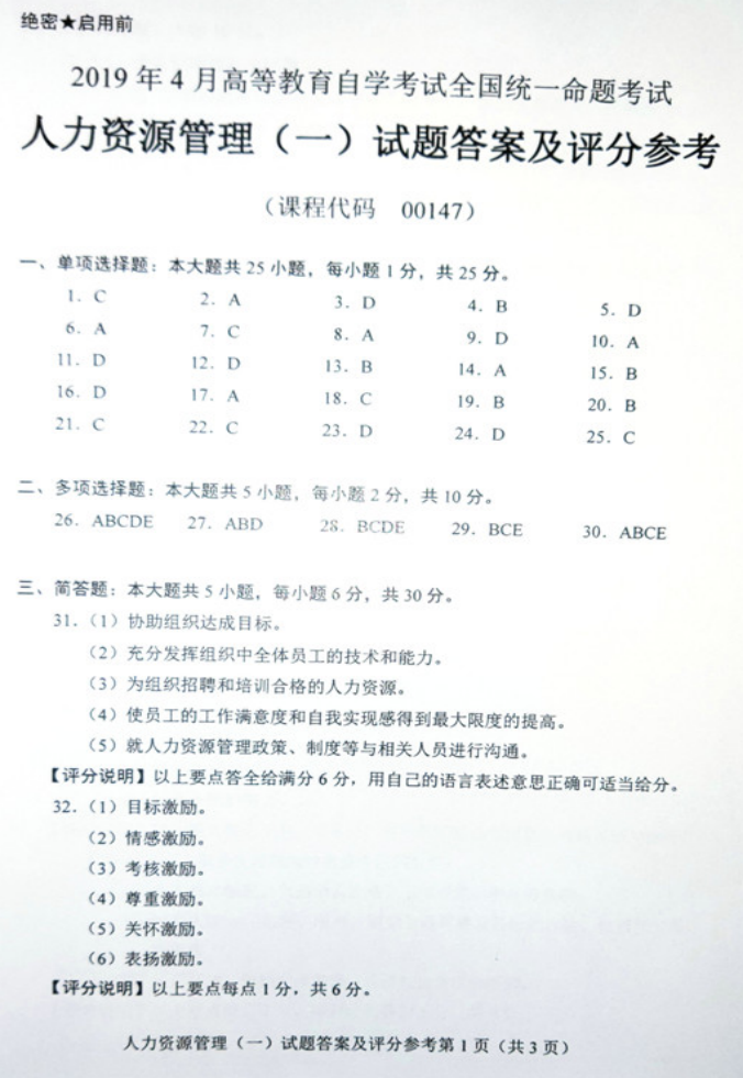 2019年04月贵州省自考00147人力资源管理真题及答案