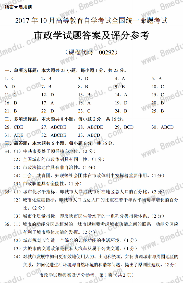 2017年10月贵州省自学考试市政学试题及答案