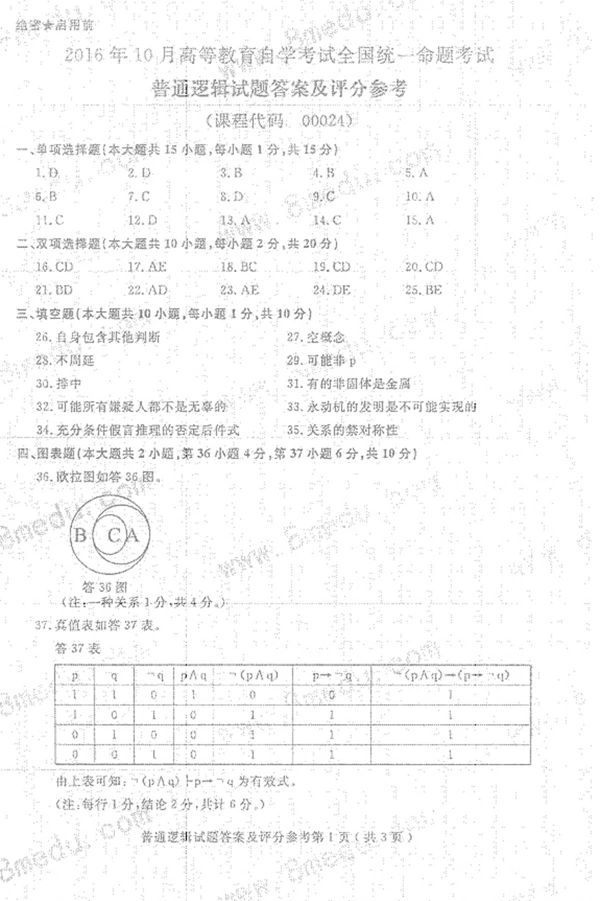 贵州省2016年10月自学考试00024普通逻辑试题及答案