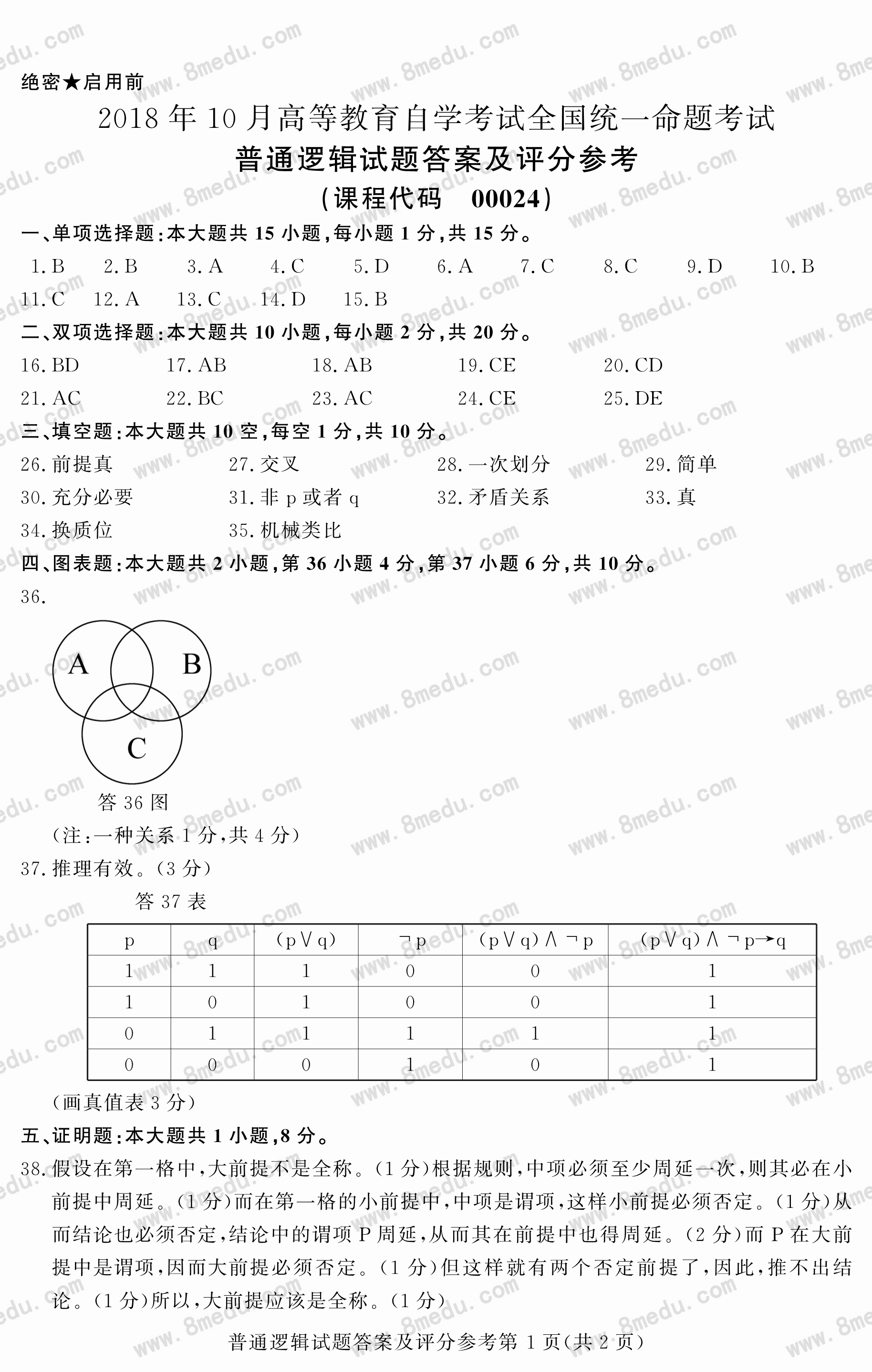 2018年10月贵州省自考00024普通逻辑试题及答案