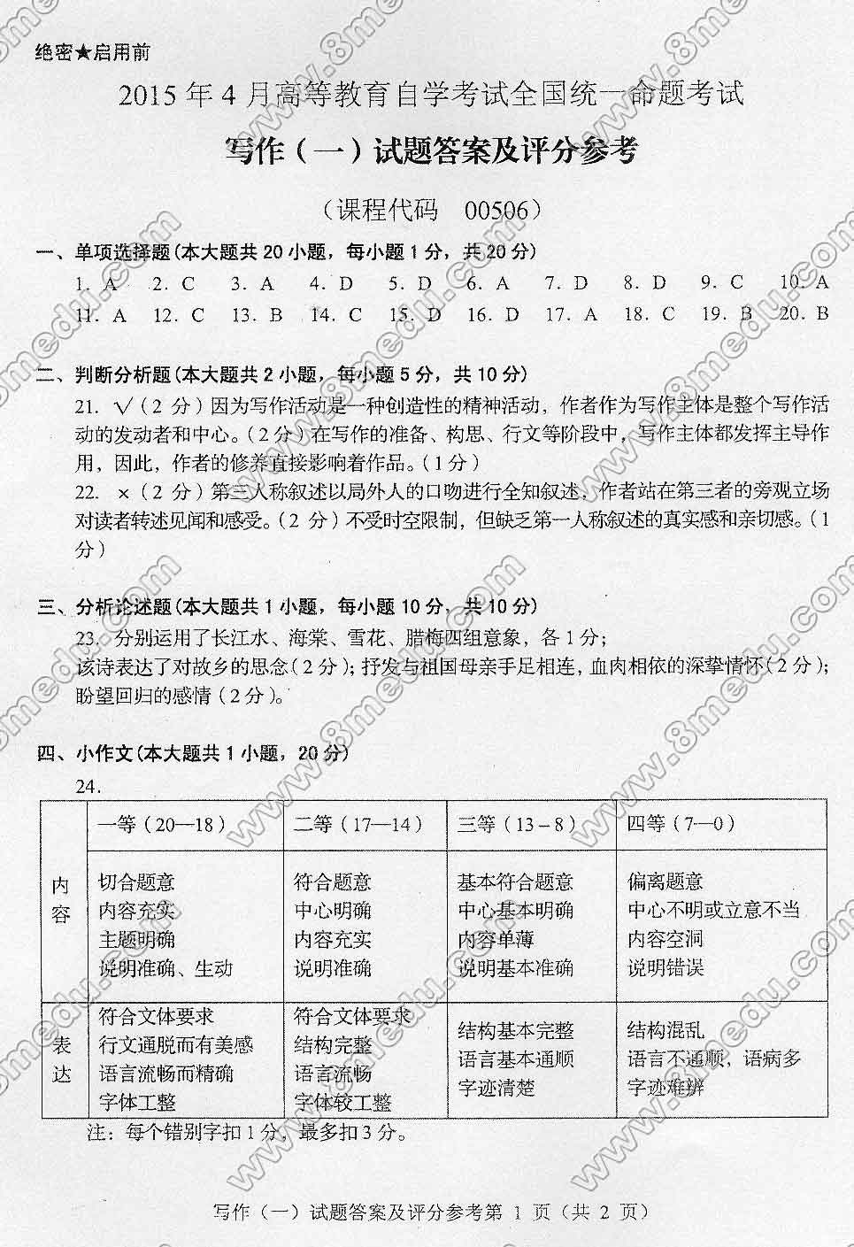 贵州省2015年04月自考00506写作（一）真题及答案