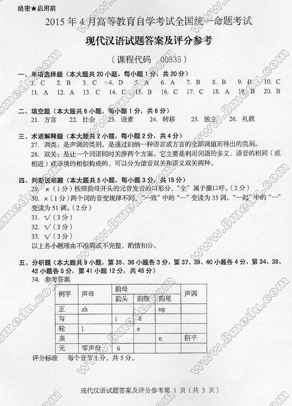 2015年04月贵州自考00535现代汉语真题及答案